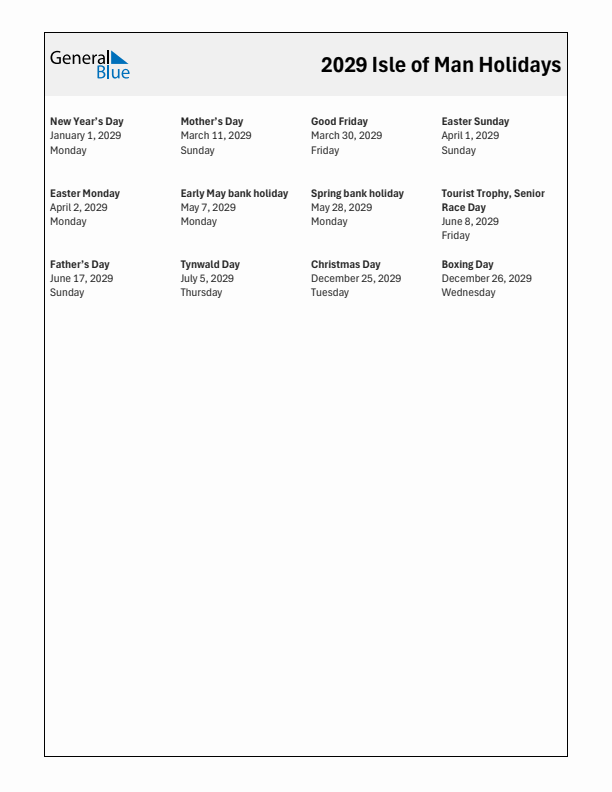 Free printable list of Isle of Man holidays for year 2029