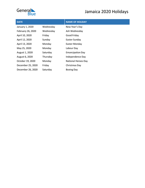 Jamaica Holidays 2020 in PDF, Word and Excel