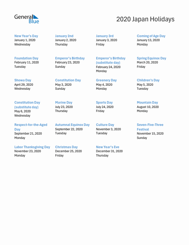 Free printable list of Japan holidays for year 2020