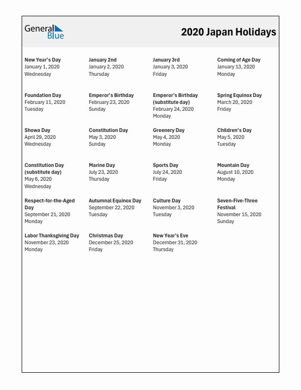 2020 Japan List of Holidays in PDF, Word, and Excel