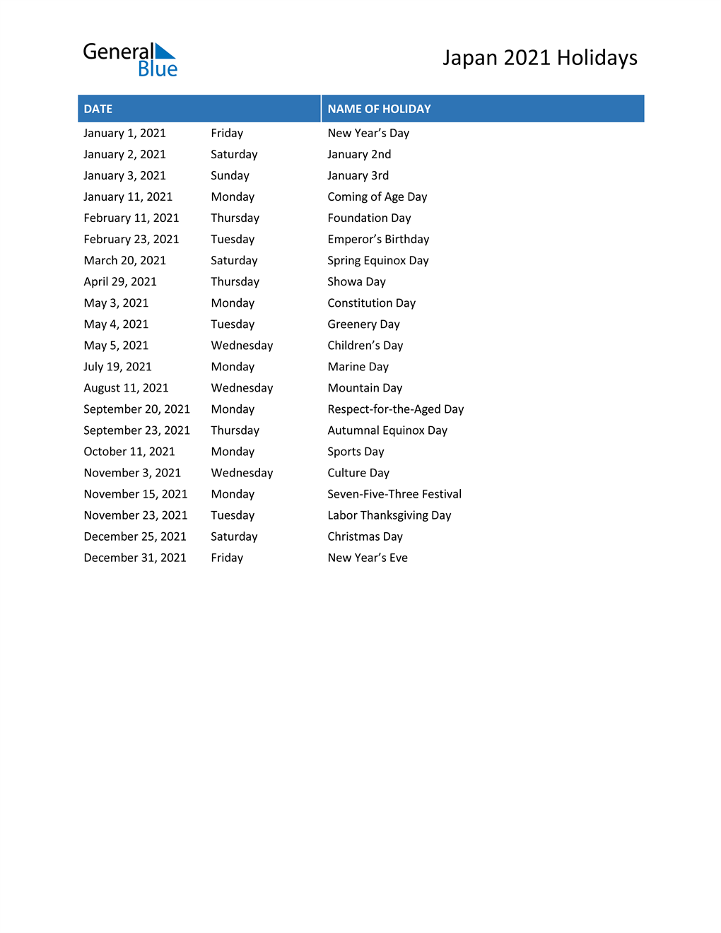 Japan Holidays 2021 in PDF, Word and Excel
