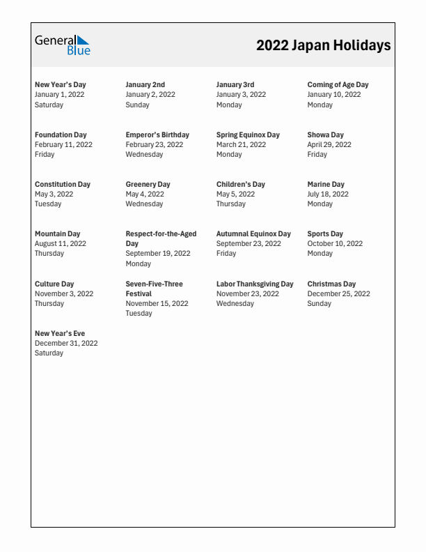 2022 Japan List of Holidays in PDF, Word, and Excel