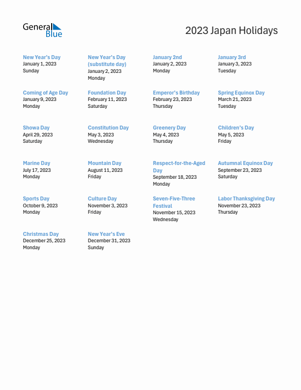 Free printable list of Japan holidays for year 2023