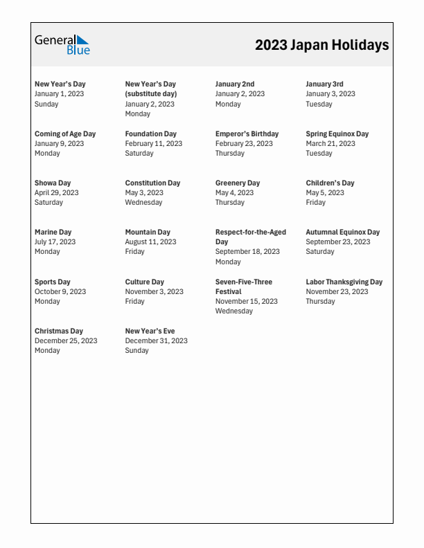 Free printable list of Japan holidays for year 2023