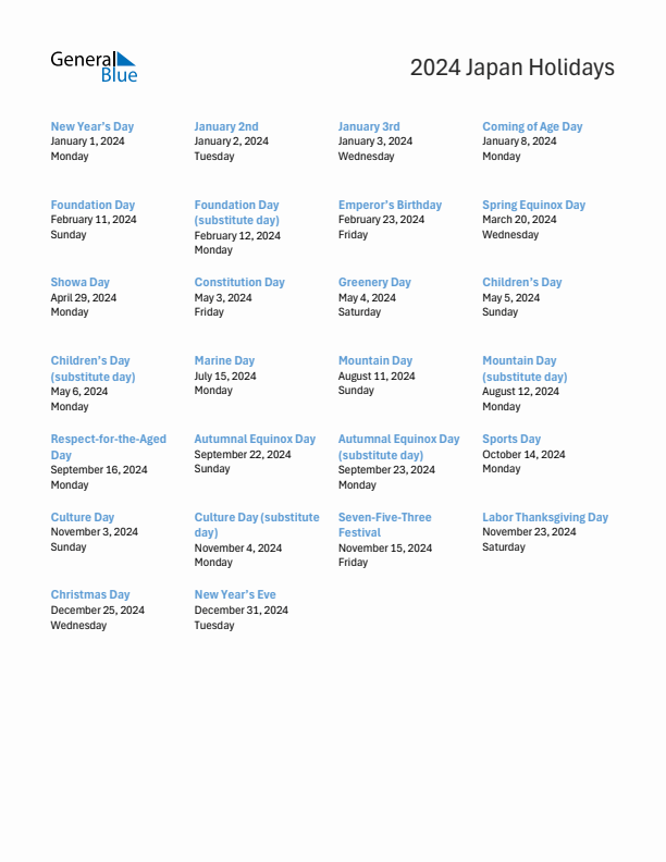 2024 Japan List of Holidays in PDF, Word, and Excel