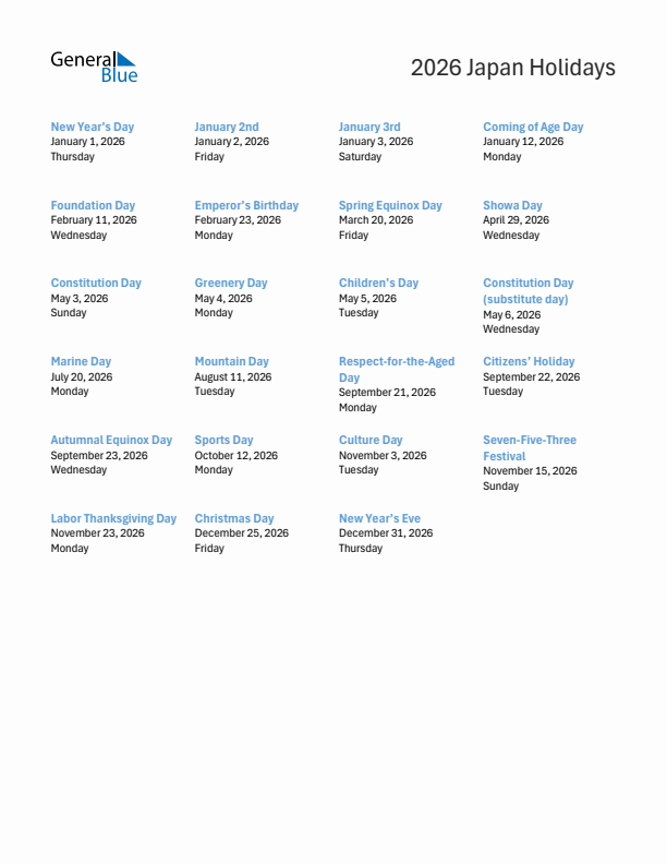 Free printable list of Japan holidays for year 2026