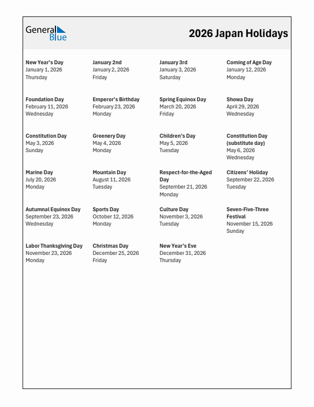 2026 Japan List of Holidays in PDF, Word, and Excel