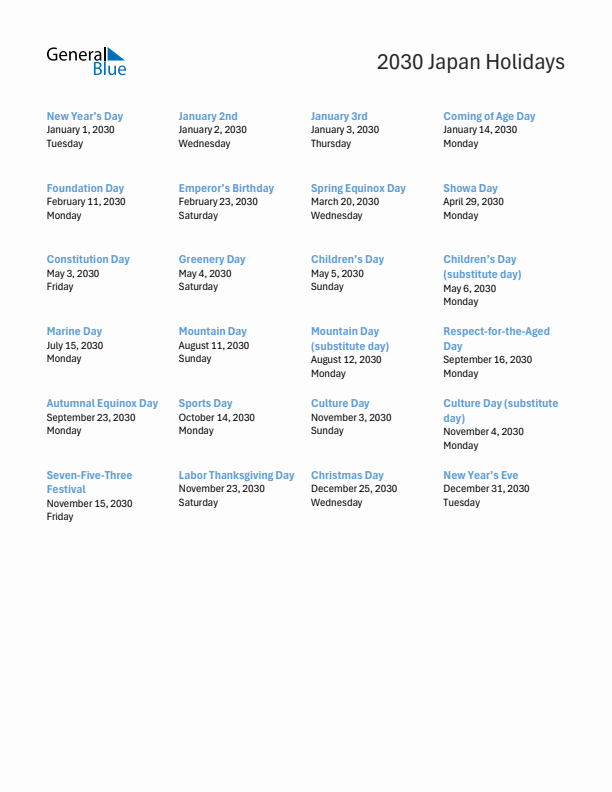 Free printable list of Japan holidays for year 2030