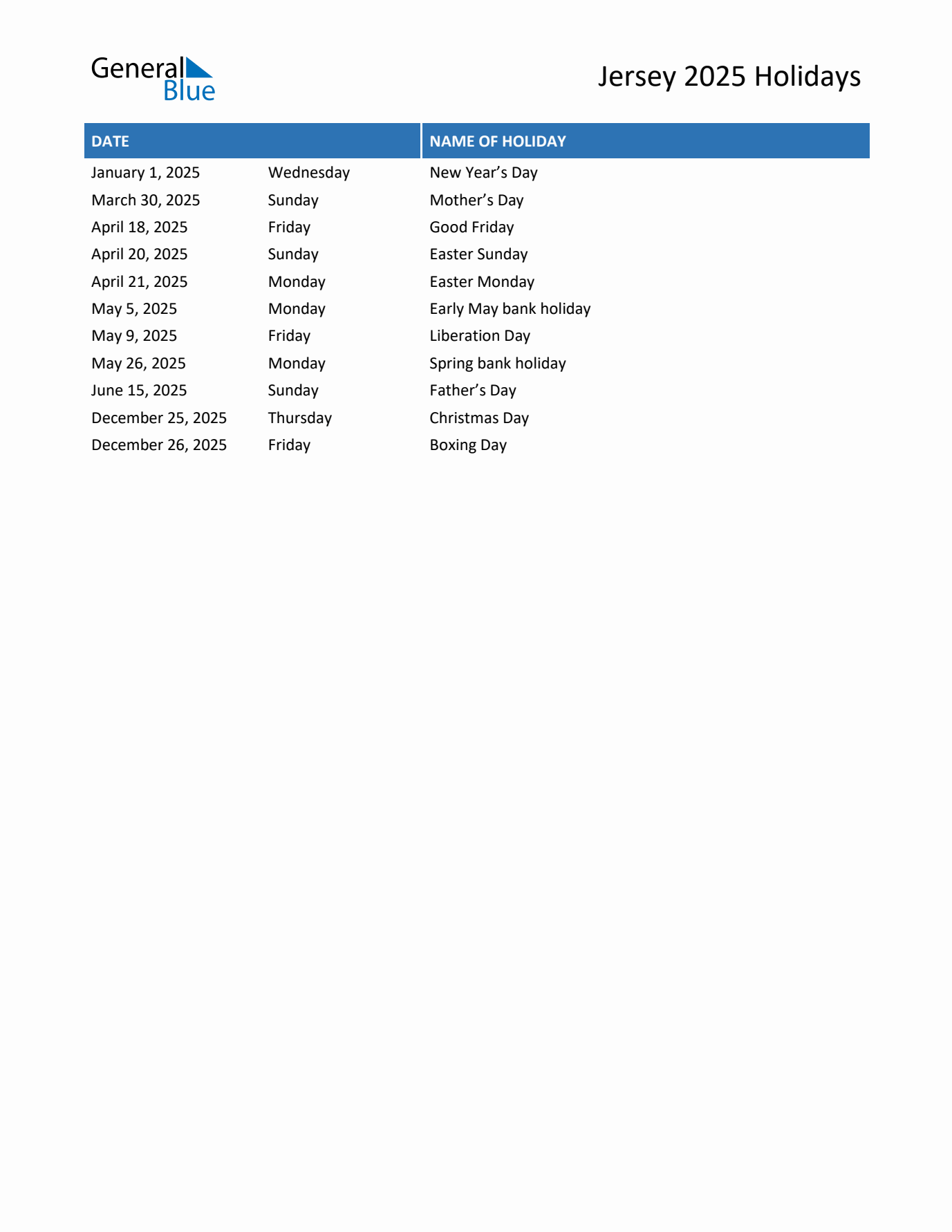 2025 Jersey List of Holidays in PDF, Word, and Excel