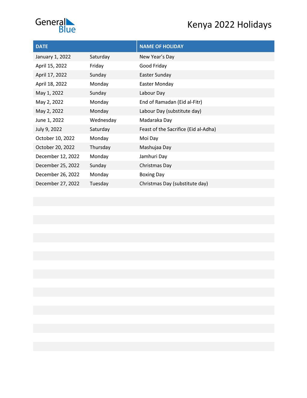 Kenya Holidays 2022 in PDF, Word and Excel