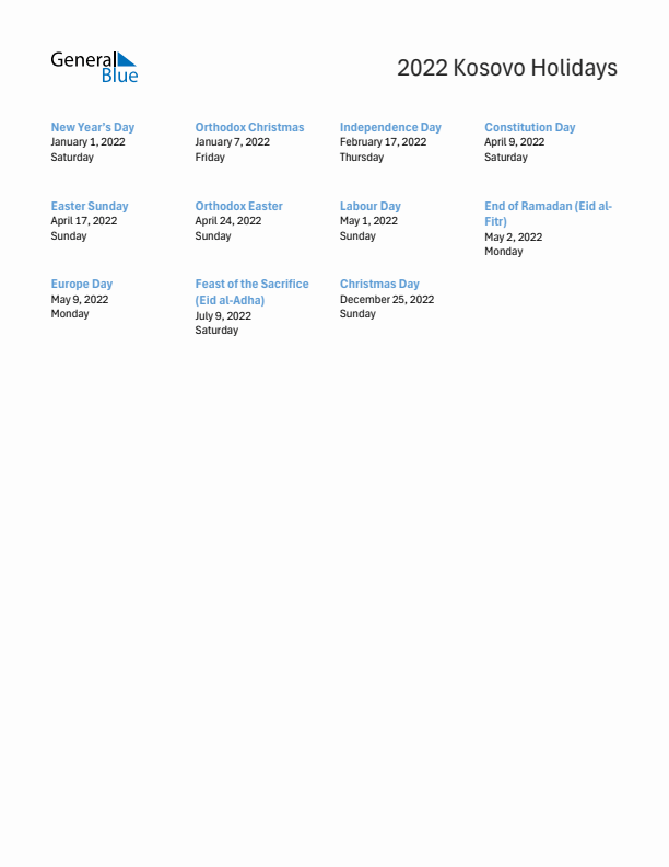 Free printable list of Kosovo holidays for year 2022