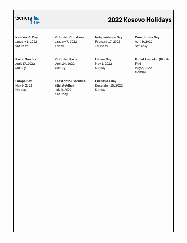 Free printable list of Kosovo holidays for year 2022