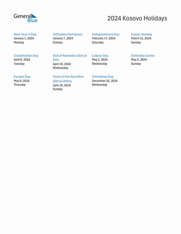 Free printable list of Kosovo holidays for year 2024