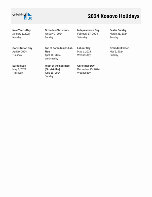 Free printable list of Kosovo holidays for year 2024
