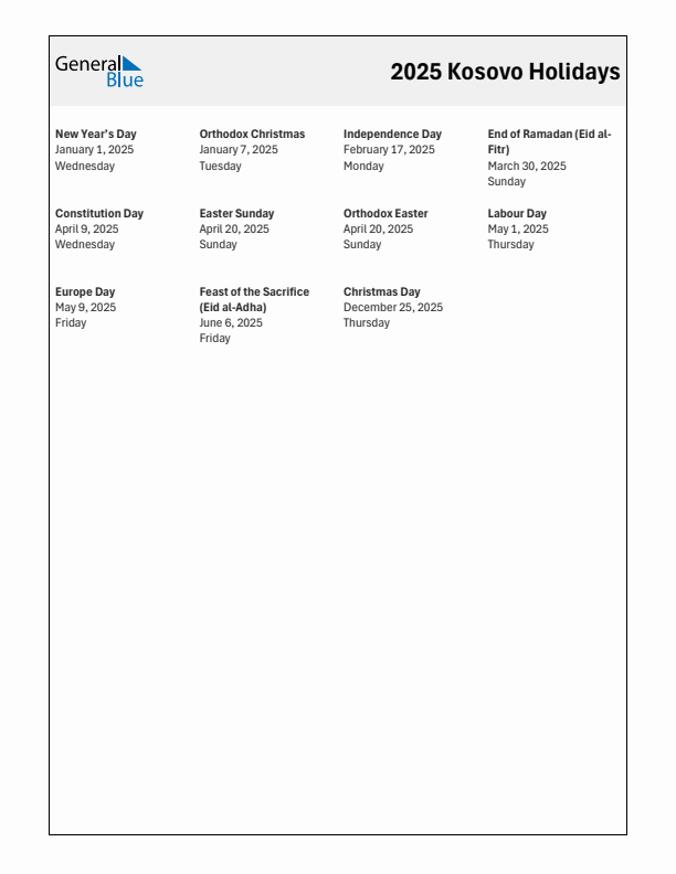Free printable list of Kosovo holidays for year 2025