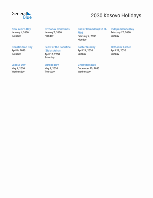 Free printable list of Kosovo holidays for year 2030