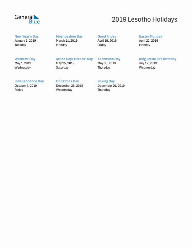 Free printable list of Lesotho holidays for year 2019