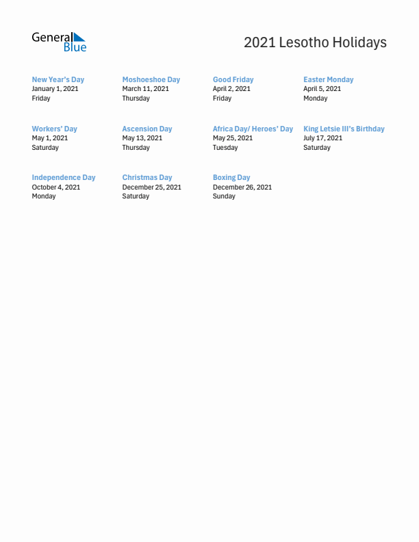 Free printable list of Lesotho holidays for year 2021