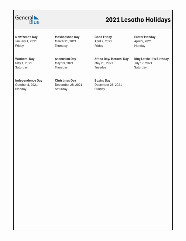 Free printable list of Lesotho holidays for year 2021