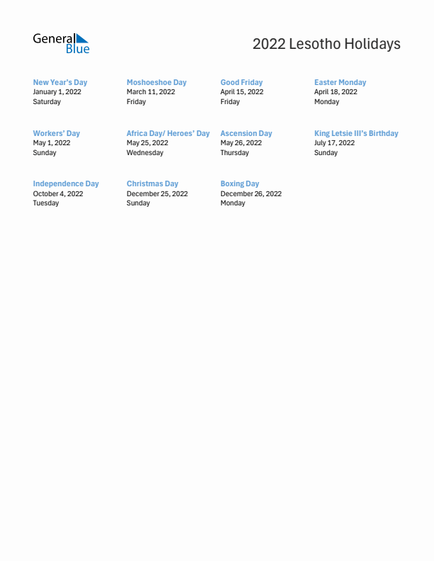 Free printable list of Lesotho holidays for year 2022