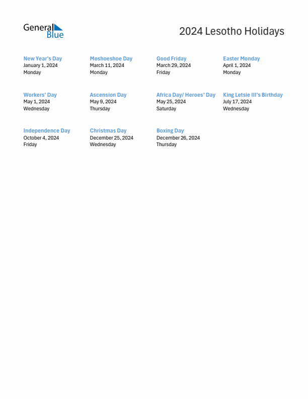 Free printable list of Lesotho holidays for year 2024