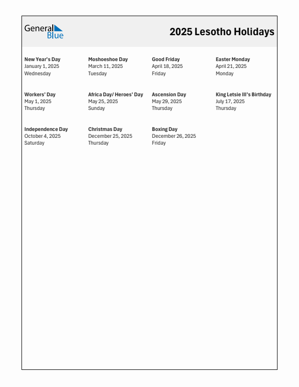 Free printable list of Lesotho holidays for year 2025