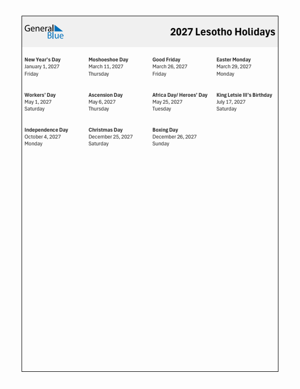 Free printable list of Lesotho holidays for year 2027