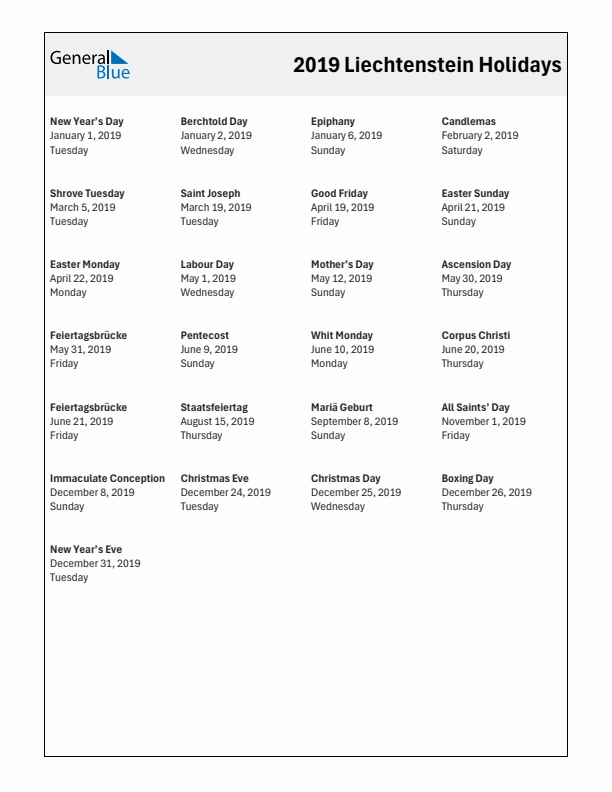 Free printable list of Liechtenstein holidays for year 2019