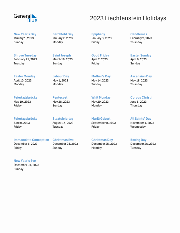 Free printable list of Liechtenstein holidays for year 2023