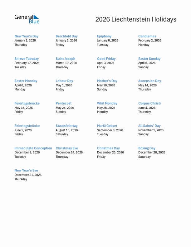 Free printable list of Liechtenstein holidays for year 2026