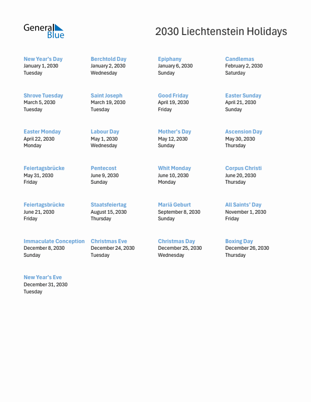 Free printable list of Liechtenstein holidays for year 2030