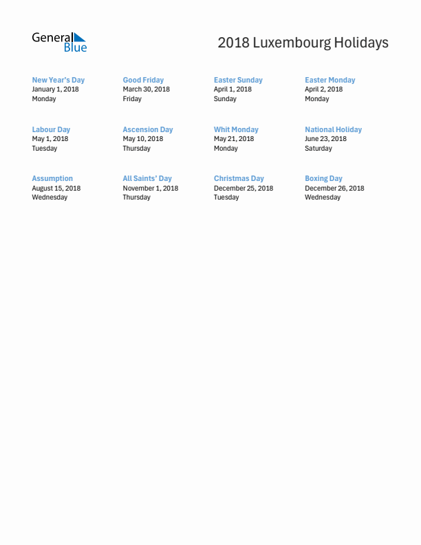 Free printable list of Luxembourg holidays for year 2018