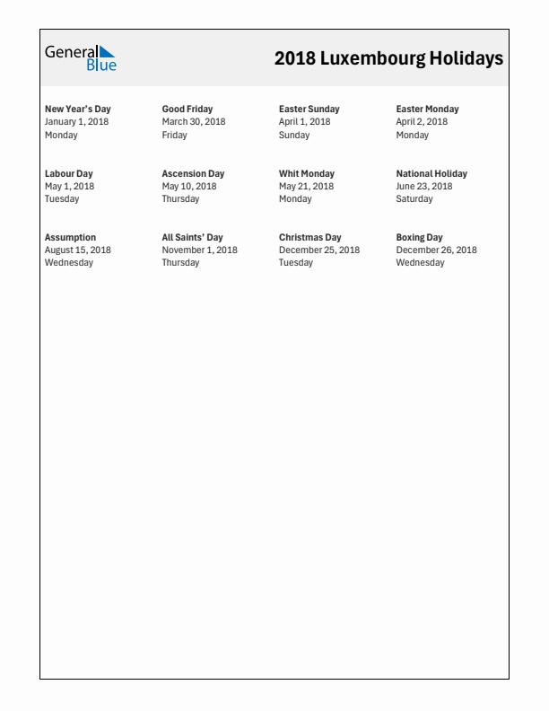 Free printable list of Luxembourg holidays for year 2018