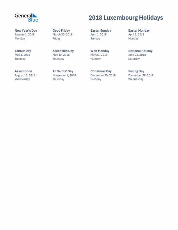 Free printable list of Luxembourg holidays for year 2018