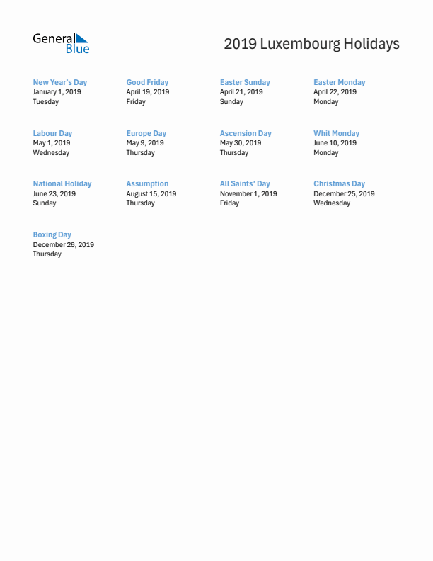 Free printable list of Luxembourg holidays for year 2019