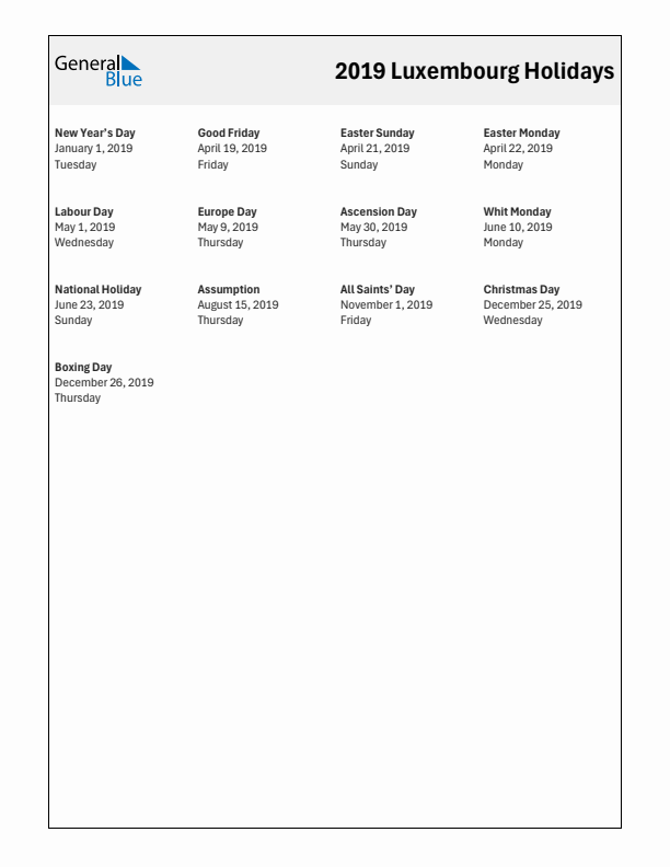 Free printable list of Luxembourg holidays for year 2019