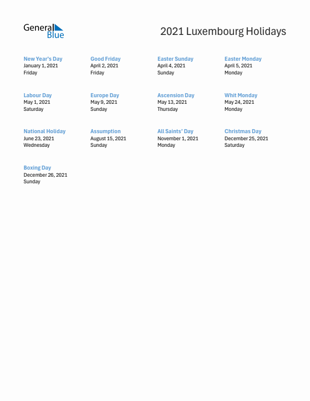 Free printable list of Luxembourg holidays for year 2021