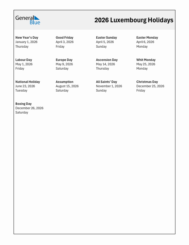 Free printable list of Luxembourg holidays for year 2026