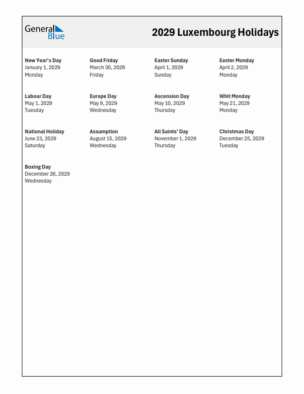 Free printable list of Luxembourg holidays for year 2029