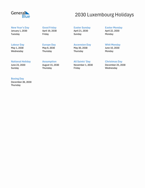 Free printable list of Luxembourg holidays for year 2030