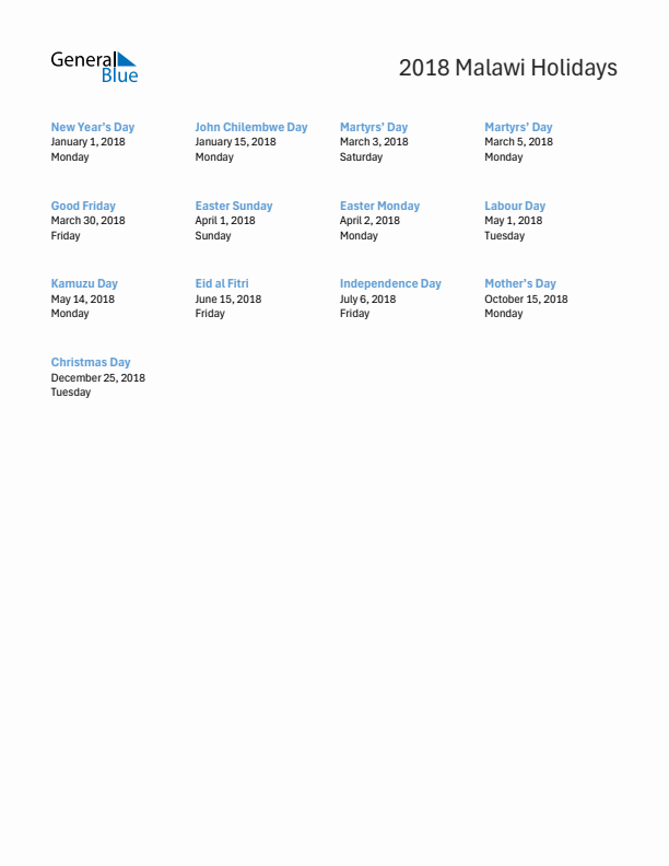 Free printable list of Malawi holidays for year 2018