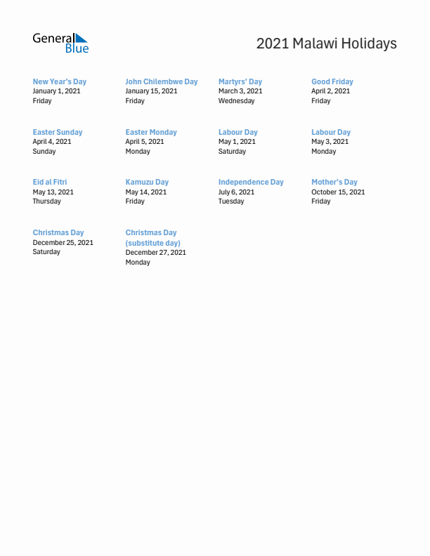 Free printable list of Malawi holidays for year 2021