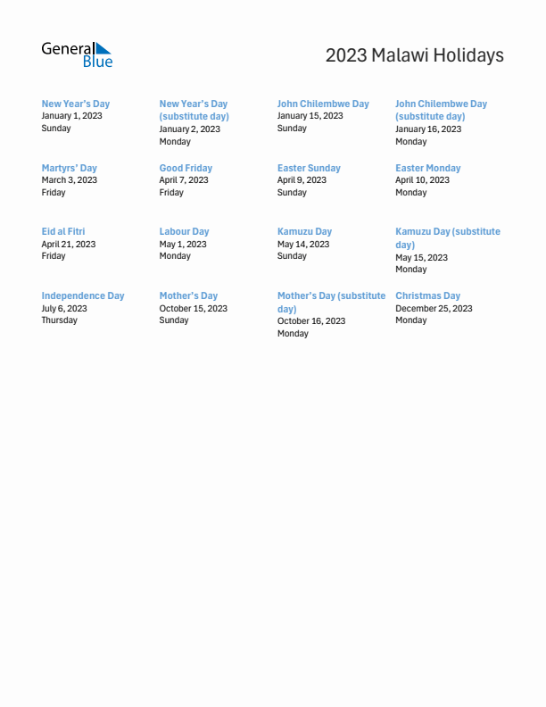 Free printable list of Malawi holidays for year 2023