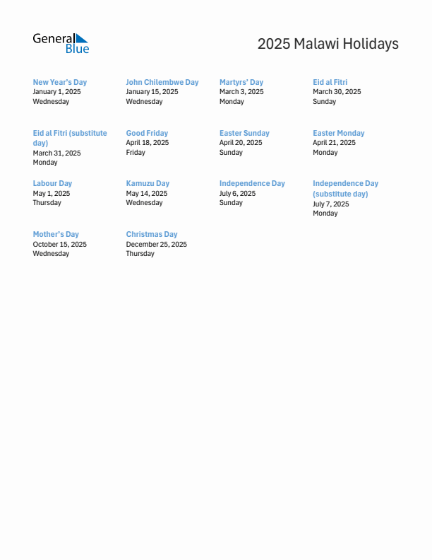 Free printable list of Malawi holidays for year 2025