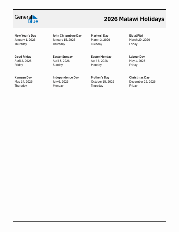 Free printable list of Malawi holidays for year 2026