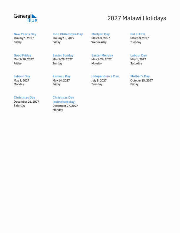 Free printable list of Malawi holidays for year 2027