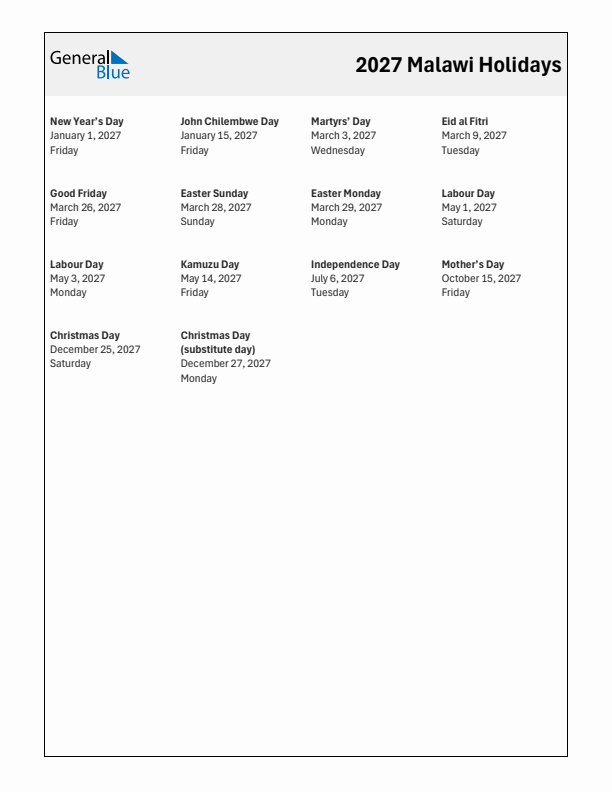 Free printable list of Malawi holidays for year 2027