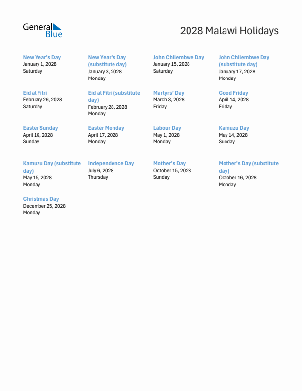 Free printable list of Malawi holidays for year 2028