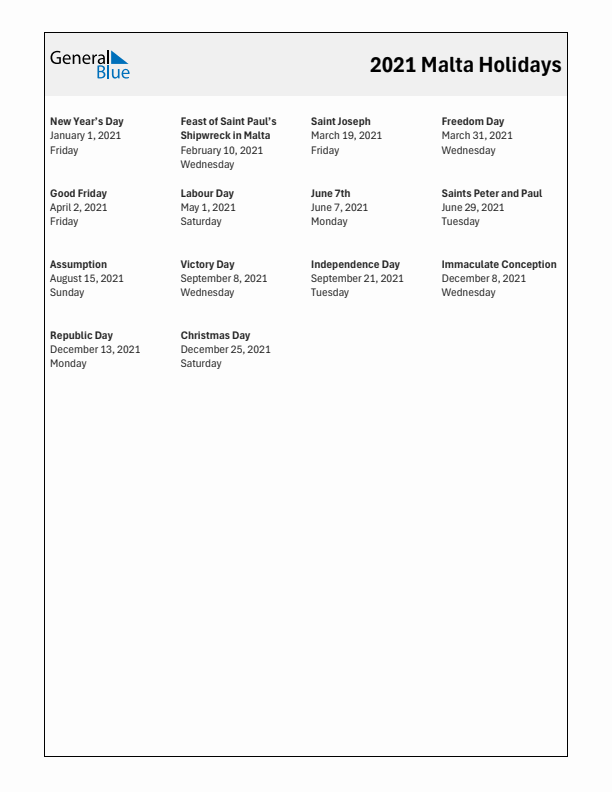 Free printable list of Malta holidays for year 2021