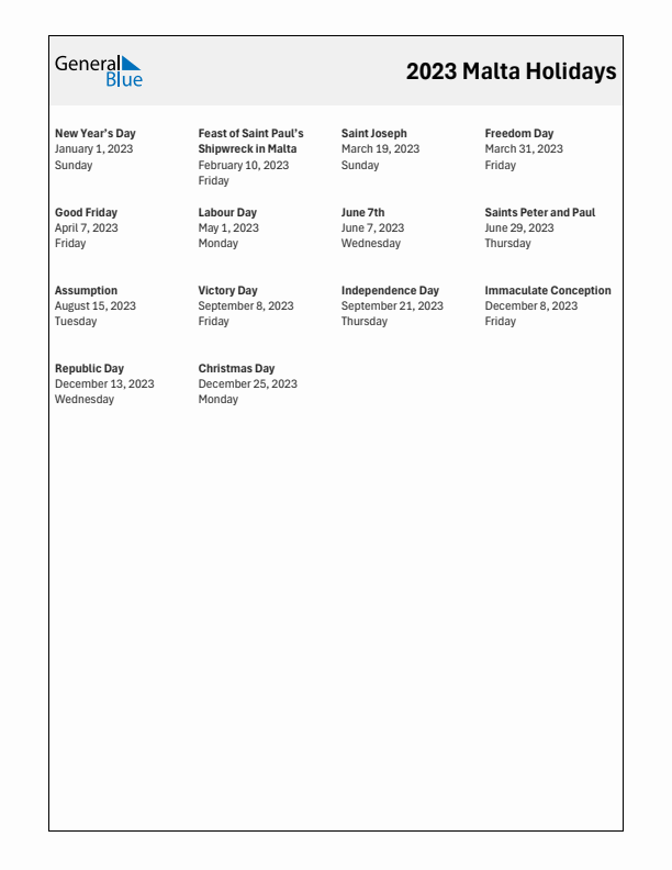 Free printable list of Malta holidays for year 2023